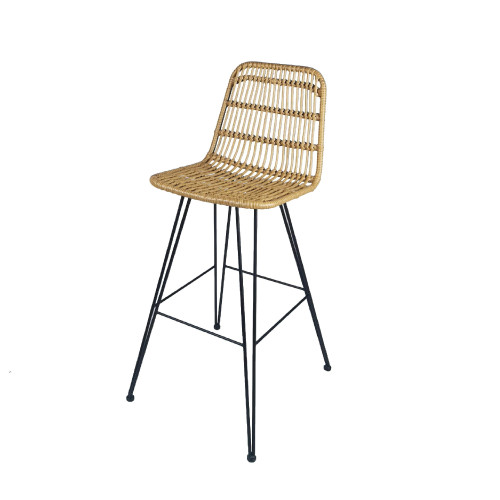 Tabouret de bar style nature aspect rotin en résine tressée et pieds en métal noir - Hauteur 63cm