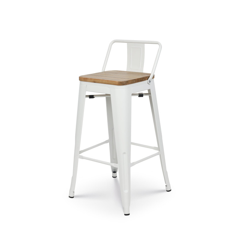 Tabouret en métal blanc mat style industriel avec dossier et assise en bois clair - Hauteur 66cm