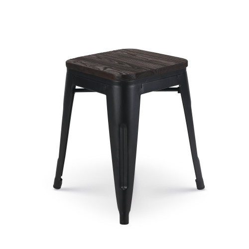 Tabouret en métal noir mat style industriel et assise en bois foncé - Sans dossier - Hauteur 46 cm