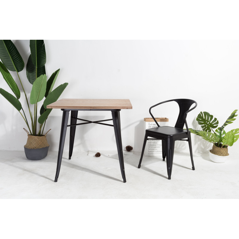 Table style industriel en métal noir mat et bois clair - 80x80 cm 
