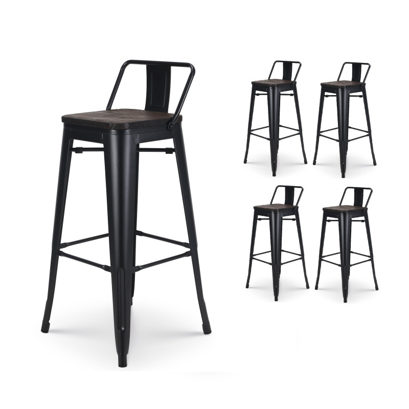 Lot de 4 tabourets de bar en métal noir mat style industriel avec dossier et assise en bois foncé - Hauteur 76 cm 