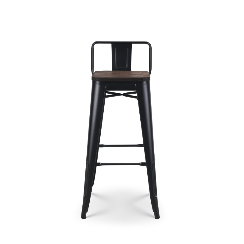 Lot de 4 tabourets de bar en métal noir mat style industriel avec dossier et assise en bois foncé - Hauteur 76 cm 