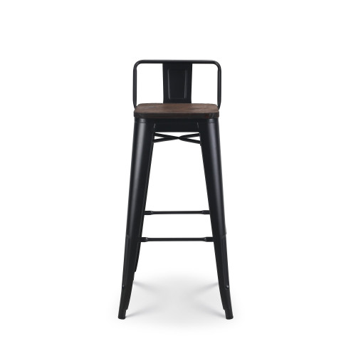 Lot de 4 tabourets de bar en métal noir mat style industriel avec dossier et assise en bois foncé - Hauteur 76 cm 