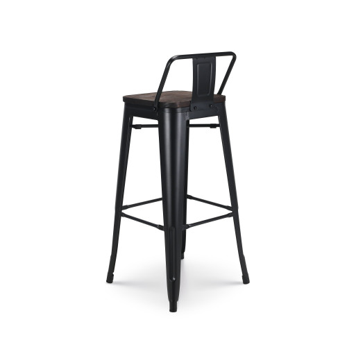 Lot de 4 tabourets de bar en métal noir mat style industriel avec dossier et assise en bois foncé - Hauteur 76 cm 