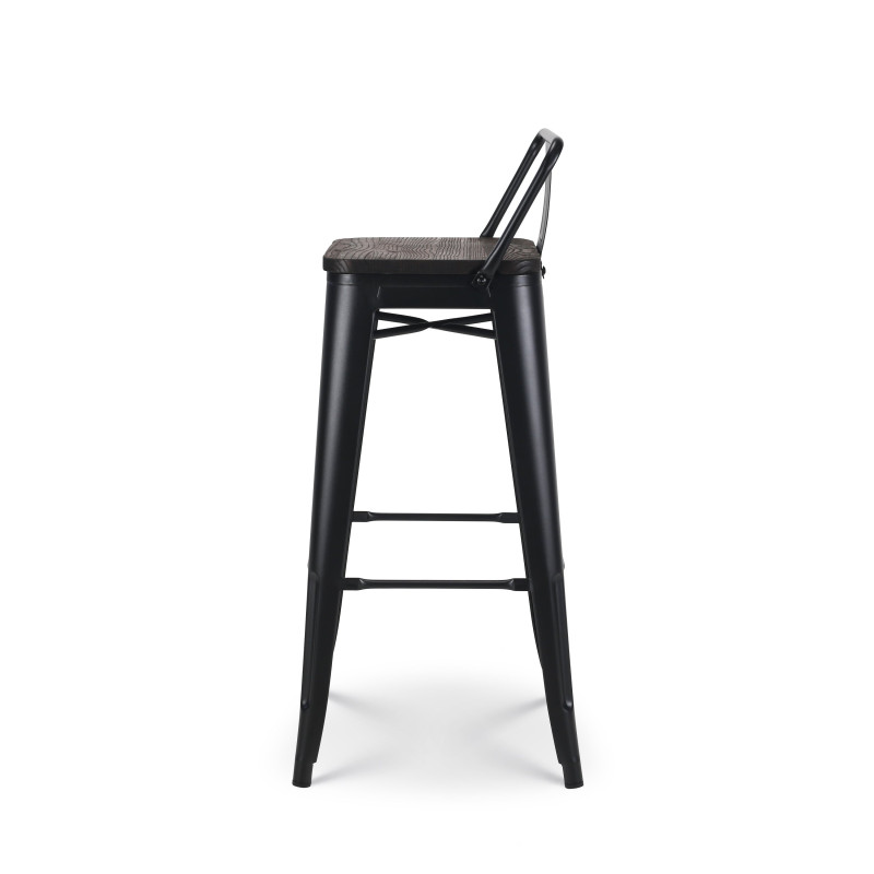 Lot de 4 tabourets de bar en métal noir mat style industriel avec dossier et assise en bois foncé - Hauteur 76 cm 