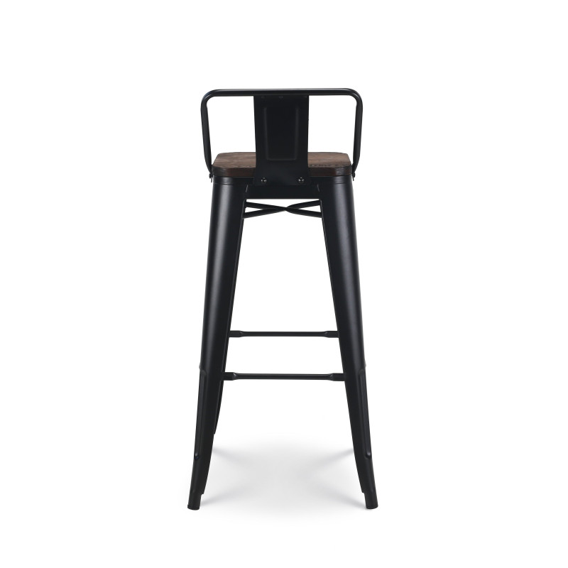 Lot de 4 tabourets de bar en métal noir mat style industriel avec dossier et assise en bois foncé - Hauteur 76 cm 