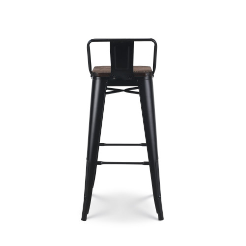 Lot de 4 tabourets de bar en métal noir mat style industriel avec dossier et assise en bois foncé - Hauteur 76 cm 