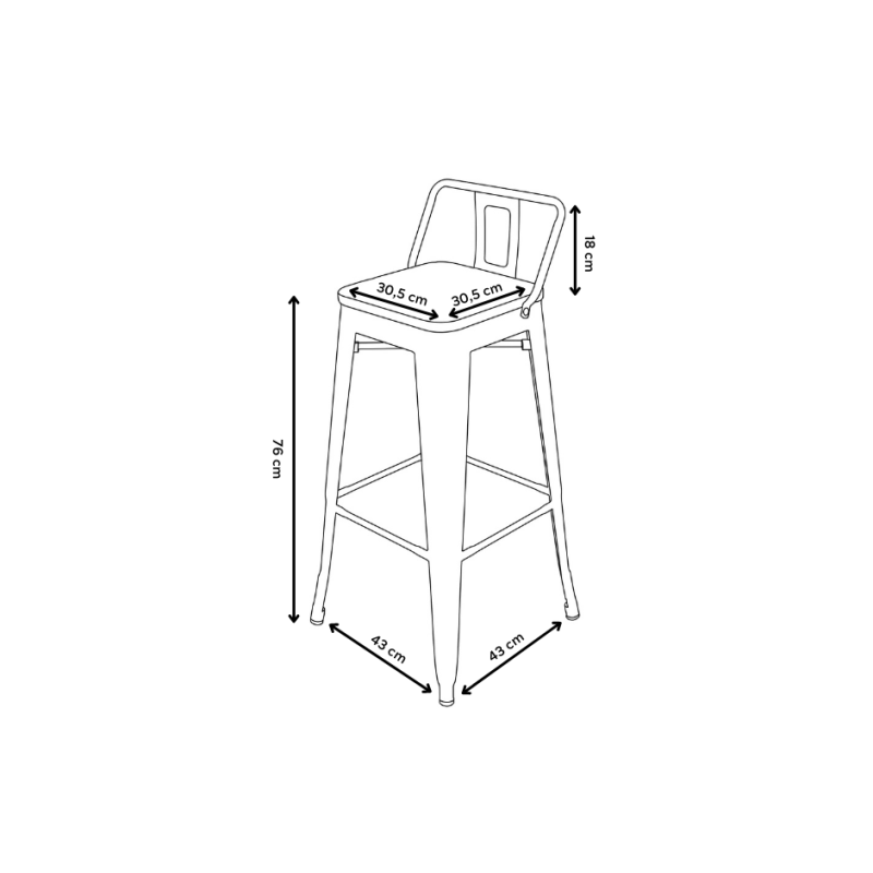 Lot de 4 tabourets de bar en métal noir mat style industriel avec dossier et assise en bois foncé - Hauteur 76 cm 