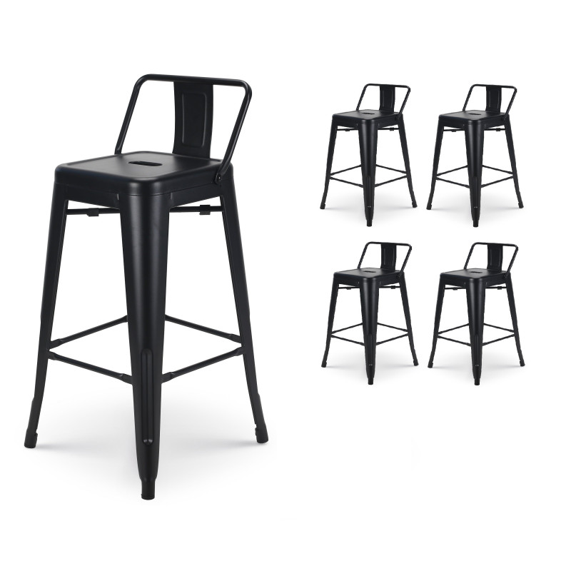 Lot de 4 tabourets de bar en métal noir mat style industriel - Avec dossier - Hauteur 66cm 