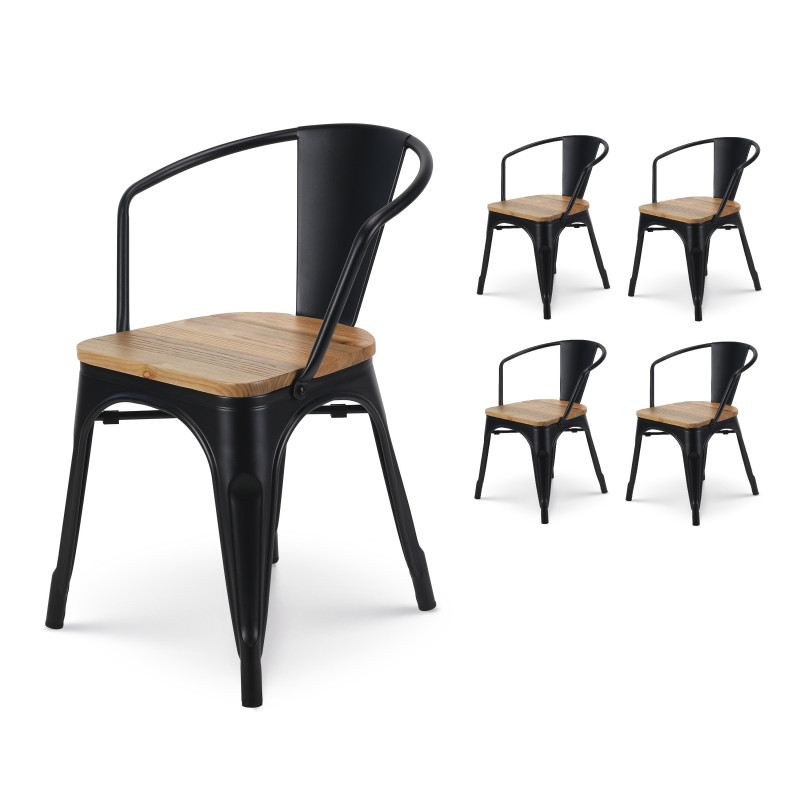 Lot de 4 chaises en métal noir mat style industriel avec assise en bois clair - Avec accoudoirs 