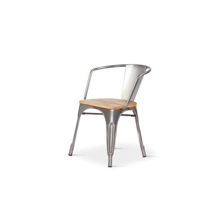 Lot de 4 chaises en métal brut style industriel avec assise en bois clair - Avec accoudoirs 