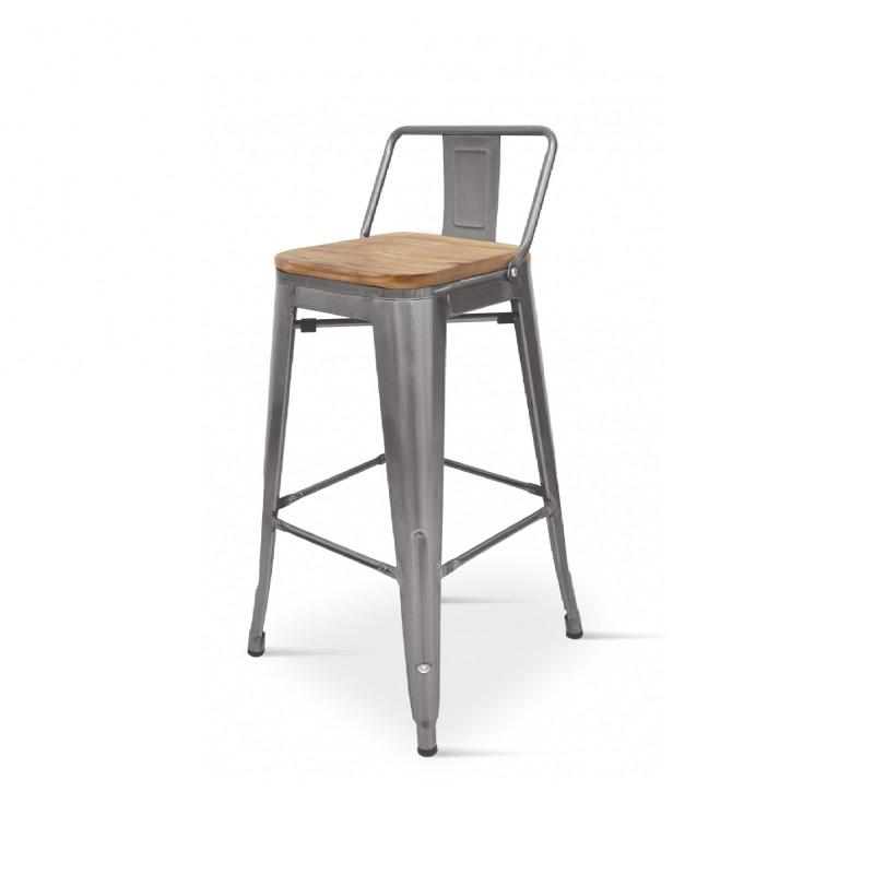 Lot de 4 tabourets style industriel avec dossier en métal brut aspect galvanisé et assise en bois clair - Hauteur 76 cm 