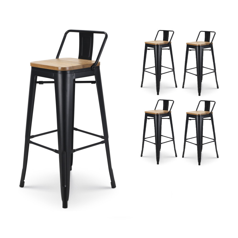 Lot de 4 tabourets de bar en métal noir mat style industriel avec dossier et assise en bois clair - Hauteur 76 cm 