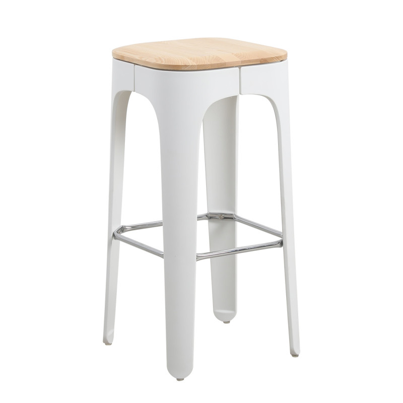 Tabouret en métal blanc mat style industriel avec assise en bois clair - Hauteur 72.5 cm