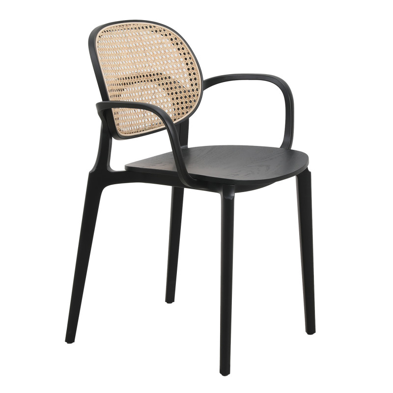 Fauteuil KOSMI : Structure Noire, Assise Bois et Cannage Naturel