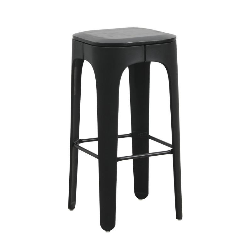 Tabouret en métal noir mat style industriel avec assise en bois foncé - Hauteur 72.5 cm