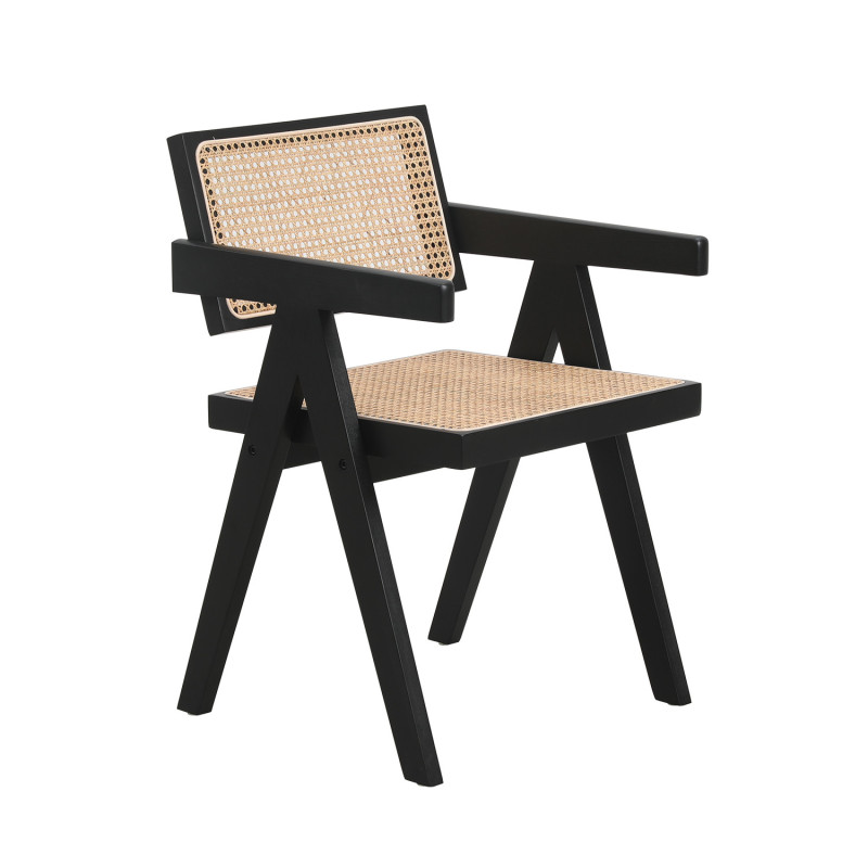 Fauteuil KOSMI Noir avec Assise Bois et Cannage Naturel | Style Chic