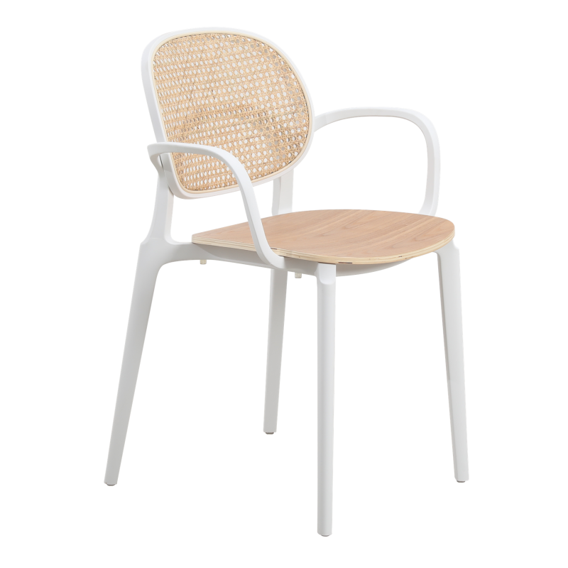 Fauteuil avec structure blanche, assise bois et cannage naturel