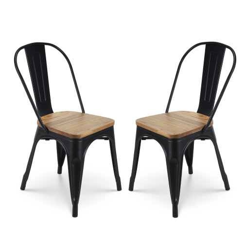 Lot de 2 chaises en métal noir mat et assise en bois clair - Style industriel