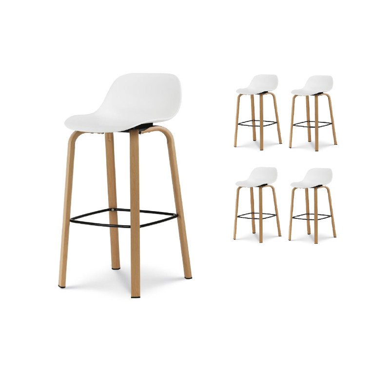 Lot de 4 tabourets de bar blancs style scandinave avec pieds effet bois en métal - Hauteur 76cm