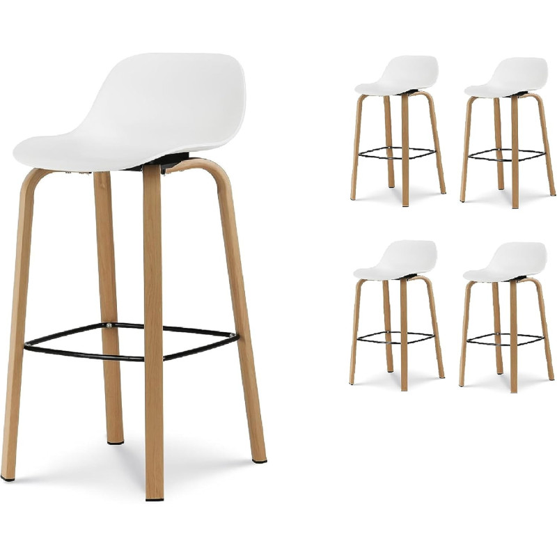 Lot de 4 tabourets de bar blancs style scandinave avec pieds effet bois en métal - Hauteur 66cm