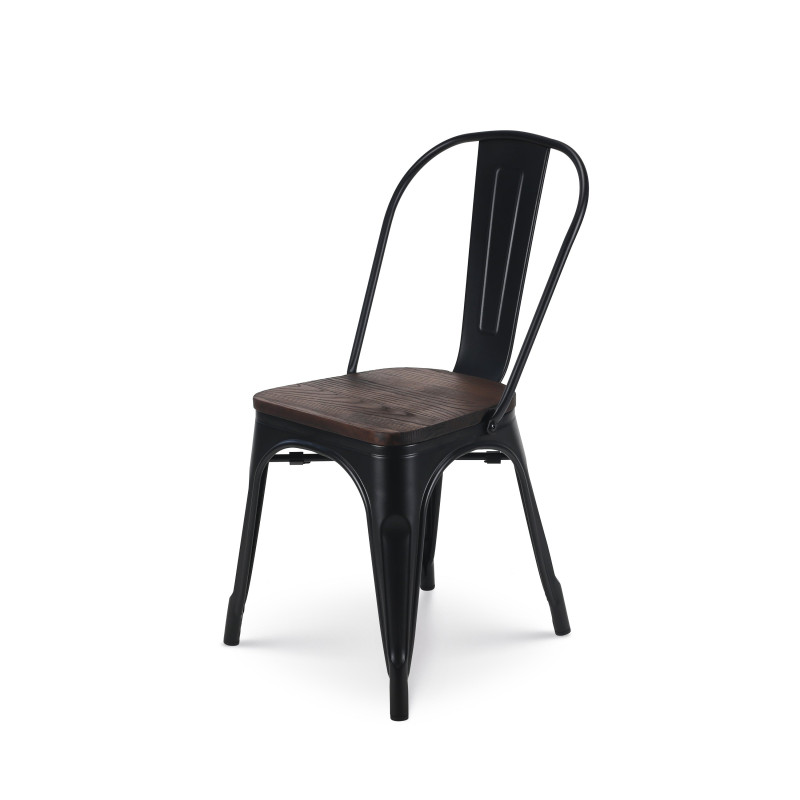 Lot de 6 chaises en métal noir mat et assise en bois foncé - Style industriel