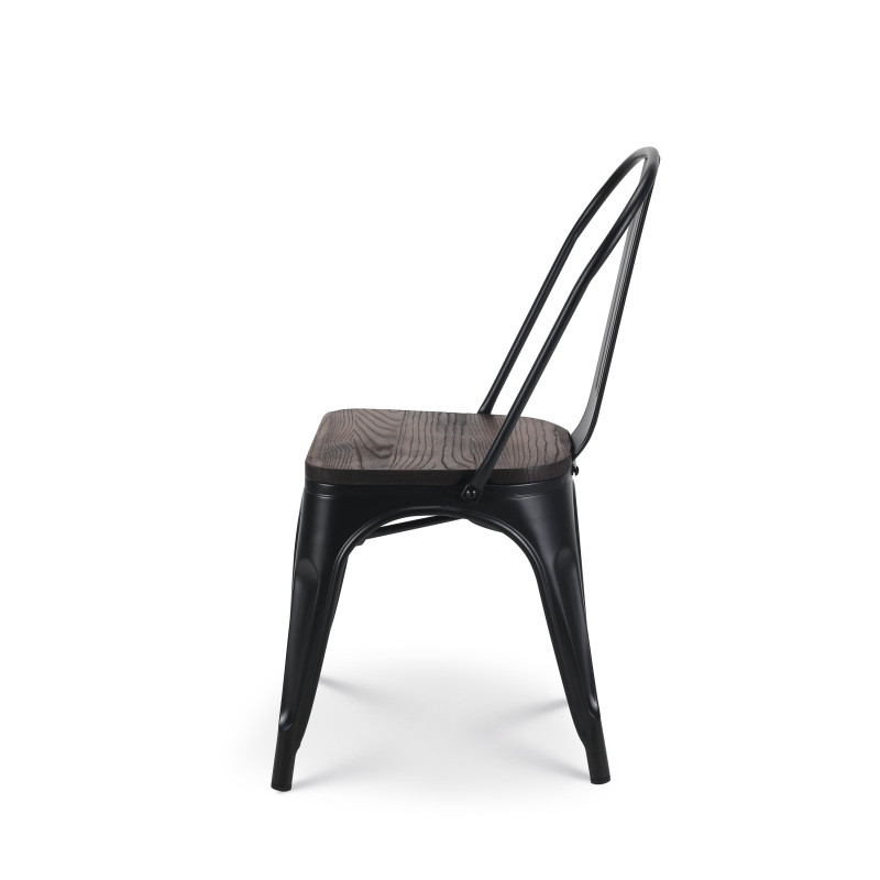 Lot de 6 chaises en métal noir mat et assise en bois foncé - Style industriel