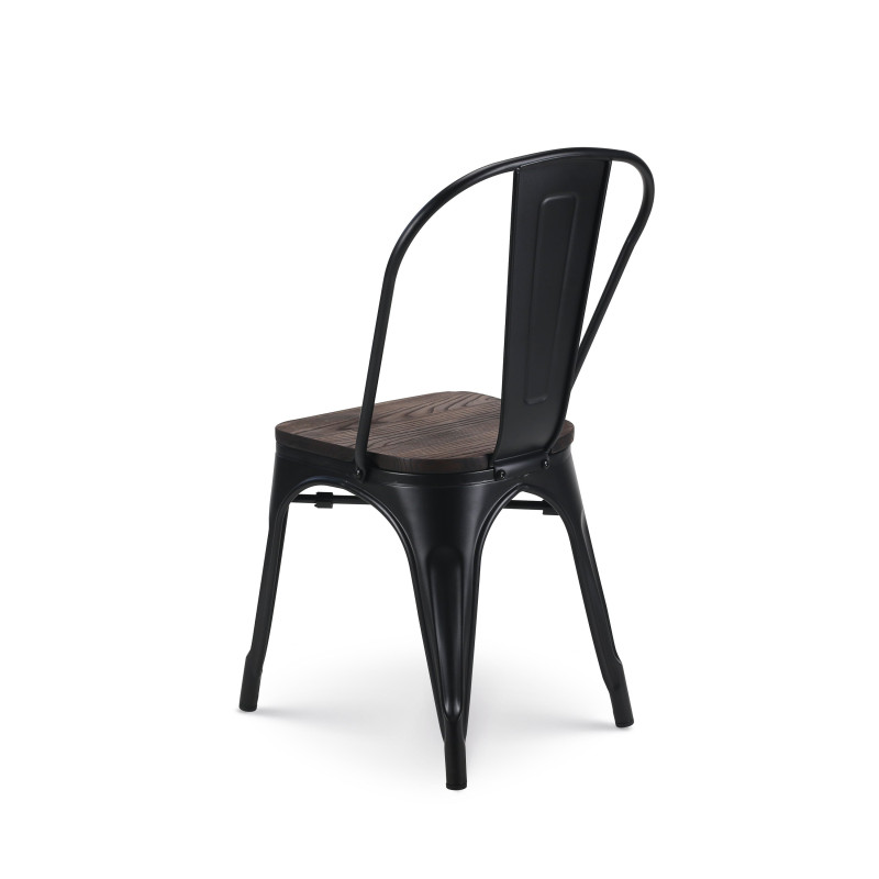 Lot de 6 chaises en métal noir mat et assise en bois foncé - Style industriel
