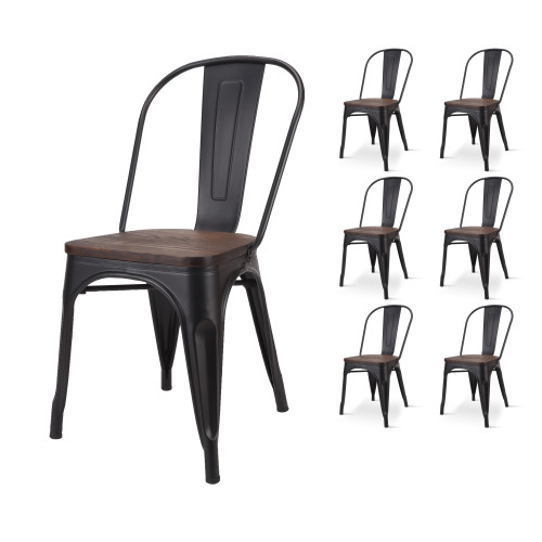 Lot de 6 chaises en métal noir mat et assise en bois foncé - Style industriel