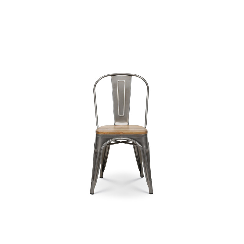 Chaise en métal brut avec assise en bois massif clair - Aspect galvanisé