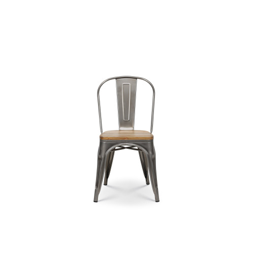 Chaise en métal brut avec assise en bois massif clair - Aspect galvanisé
