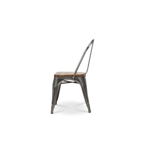 Chaise en métal brut avec assise en bois massif clair - Aspect galvanisé