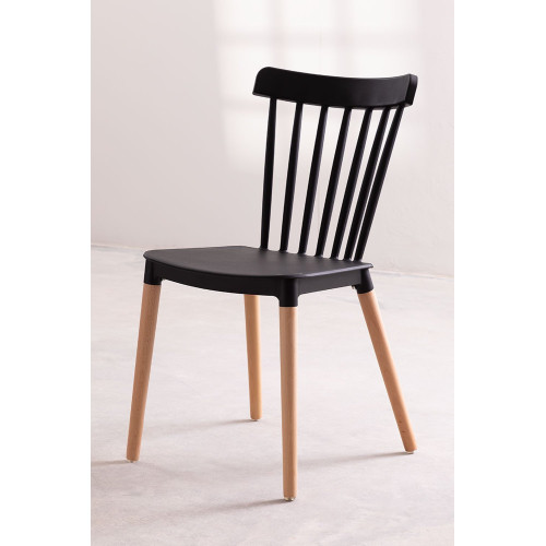 Lot de 2 chaises style scandinave à barreaux modèle POP - Coque en résine noire et pieds en bois naturel
