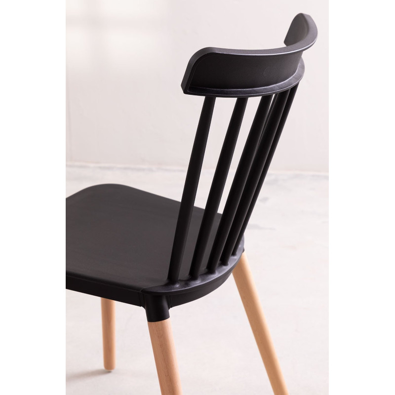 Lot de 2 chaises style scandinave à barreaux modèle POP - Coque en résine noire et pieds en bois naturel