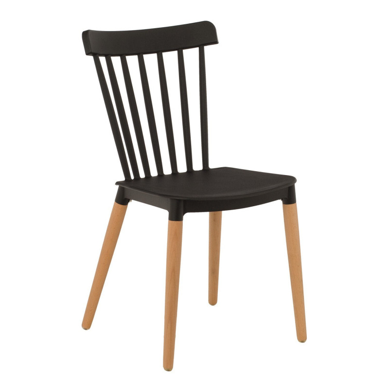 Lot de 2 chaises style scandinave à barreaux modèle POP - Coque en résine noire et pieds en bois naturel