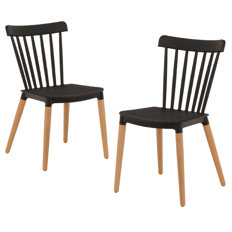 Lot de 2 chaises style scandinave à barreaux modèle POP - Coque en résine noire et pieds en bois naturel