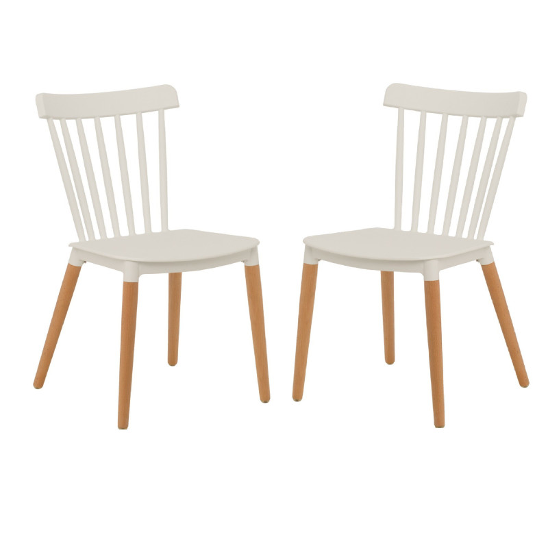 Lot de 2 chaises style scandinave à barreaux modèle POP - Coque en résine blanche et pieds en bois naturel