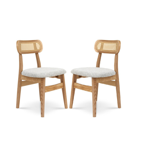 Lot de 2 chaises TERRA en bois massif, rotin et tissu chiné gris