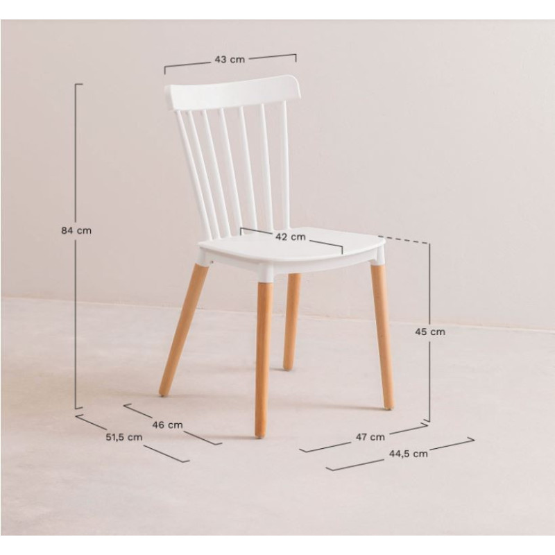Lot de 4 chaises style scandinave à barreaux modèle POP - Coque en résine blanche et pieds en bois naturel