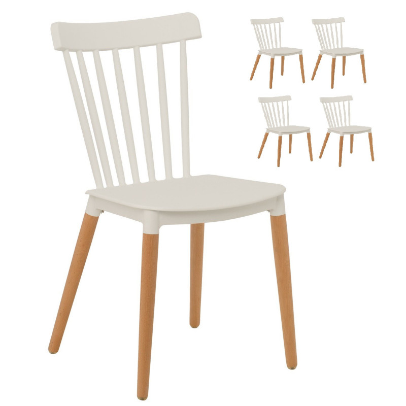 Lot de 4 chaises style scandinave à barreaux modèle POP - Coque en résine blanche et pieds en bois naturel