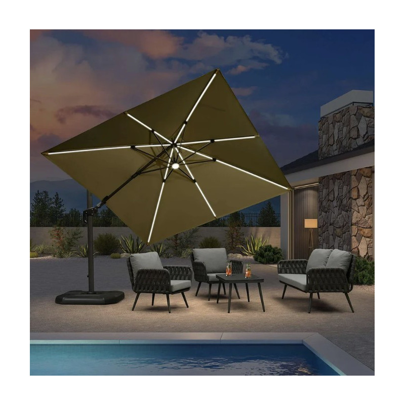 Parasol Déporté LED Solaire 3x3 m avec Pieds | Inclinable & Anti-UV