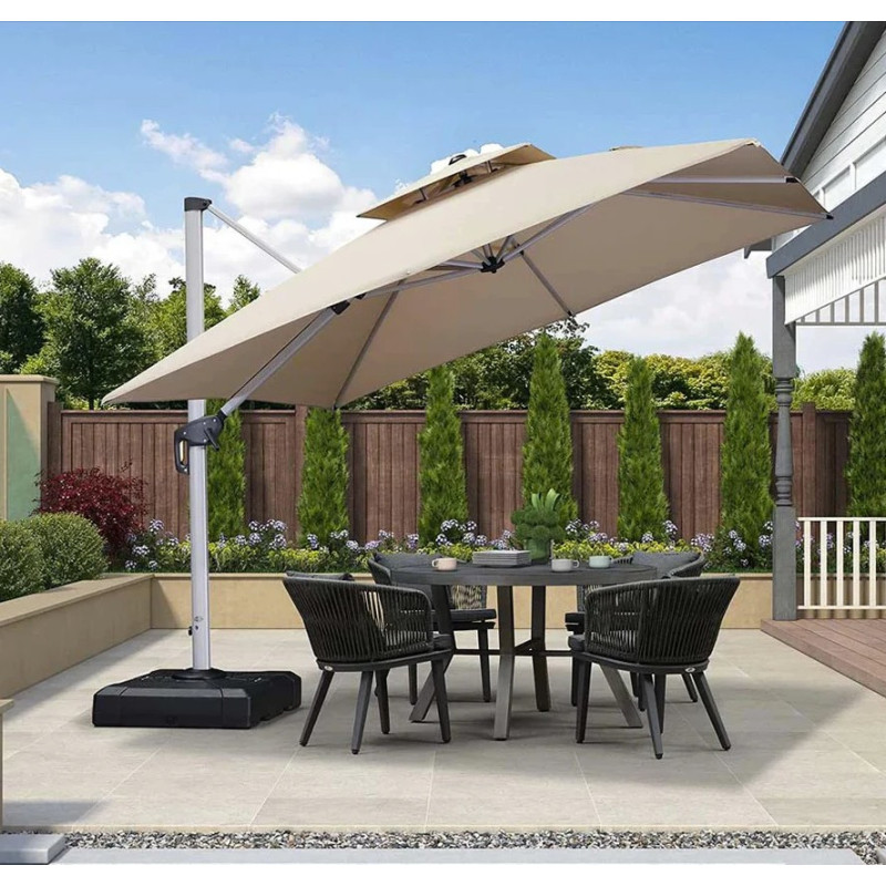 Parasol Déporté LED Solaire 3x3 m avec Pieds | Inclinable & Anti-UV