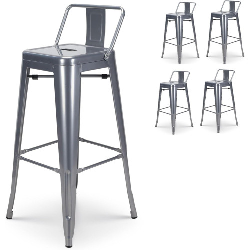 Lot de 4 Tabourets de bar en métal silver avec dossier - Hauteur 76 cm