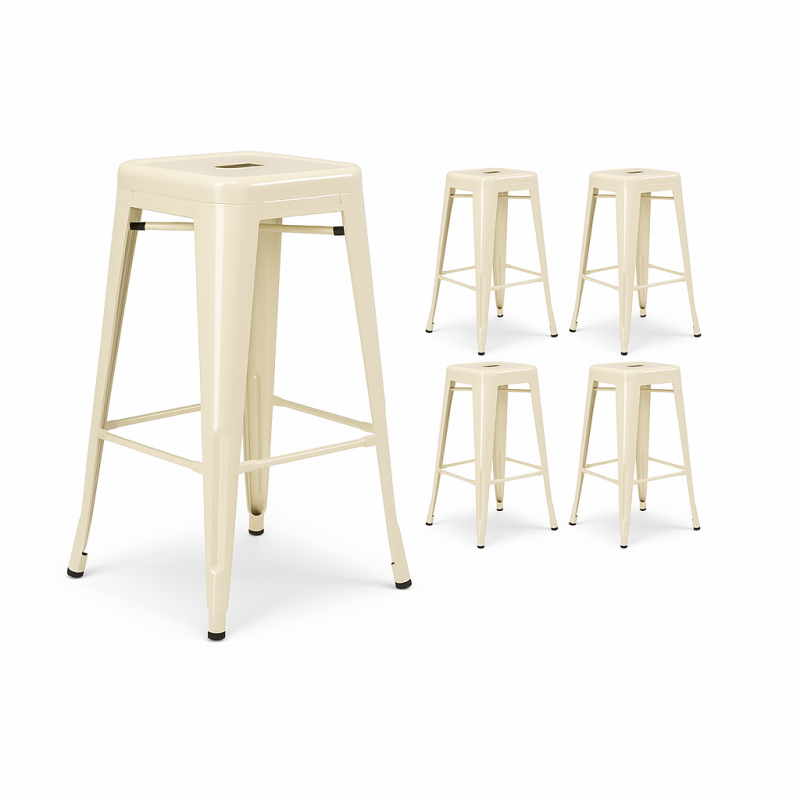 Lot de 4 tabourets hauts design industriels – Métal beige brillant – Cuisine, bar, ilot central