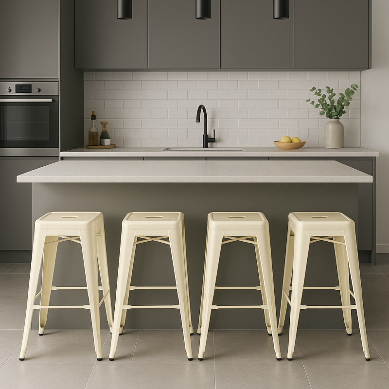 Lot de 4 tabourets hauts design industriels – Métal beige brillant – Cuisine, bar, ilot central