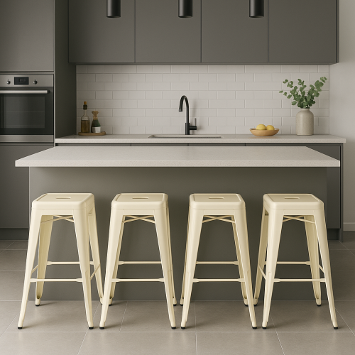 Tabourets hauts design industriels – Métal beige brillant – Cuisine, bar, ilot central