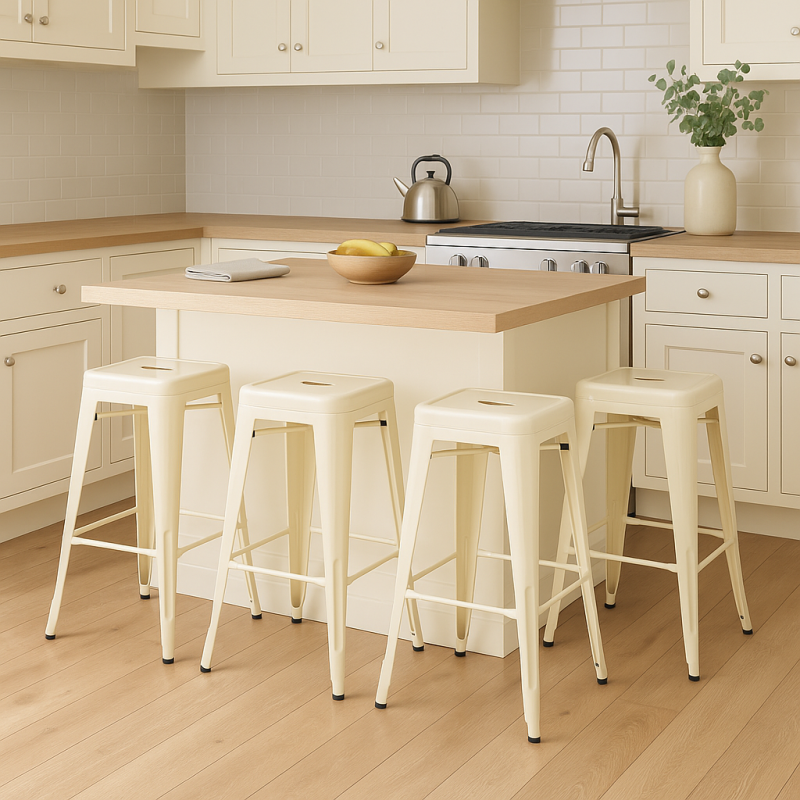 Tabourets hauts design industriels – Métal beige brillant – Cuisine, bar, ilot central