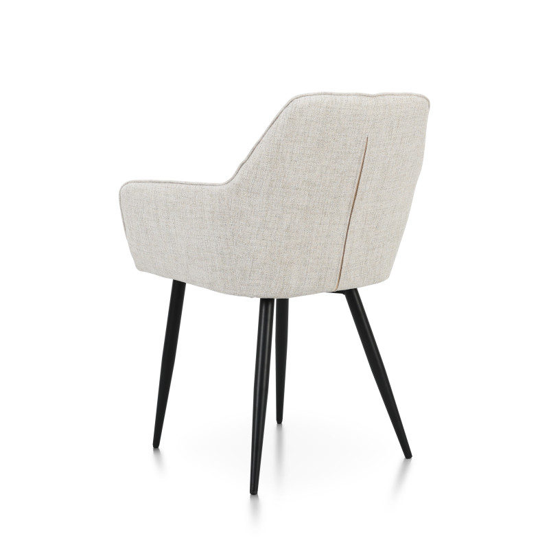 Chaise contemporaine en tissu beige avec dossier matelassé et pieds en métal noir – Confort et design moderne