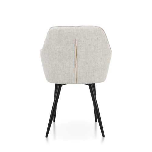 Chaise contemporaine en tissu beige avec dossier matelassé et pieds en métal noir – Confort et design moderne