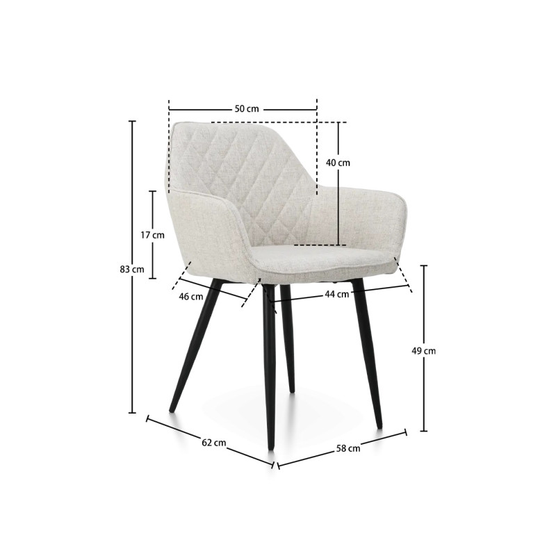 Chaise contemporaine en tissu beige avec dossier matelassé et pieds en métal noir – Confort et design moderne